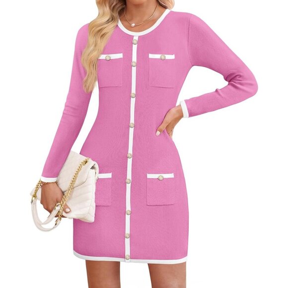 Dresses & Skirts - Women’s Knit Sweater Dress Long Sleeve Color Block Bodycon Mini Casual